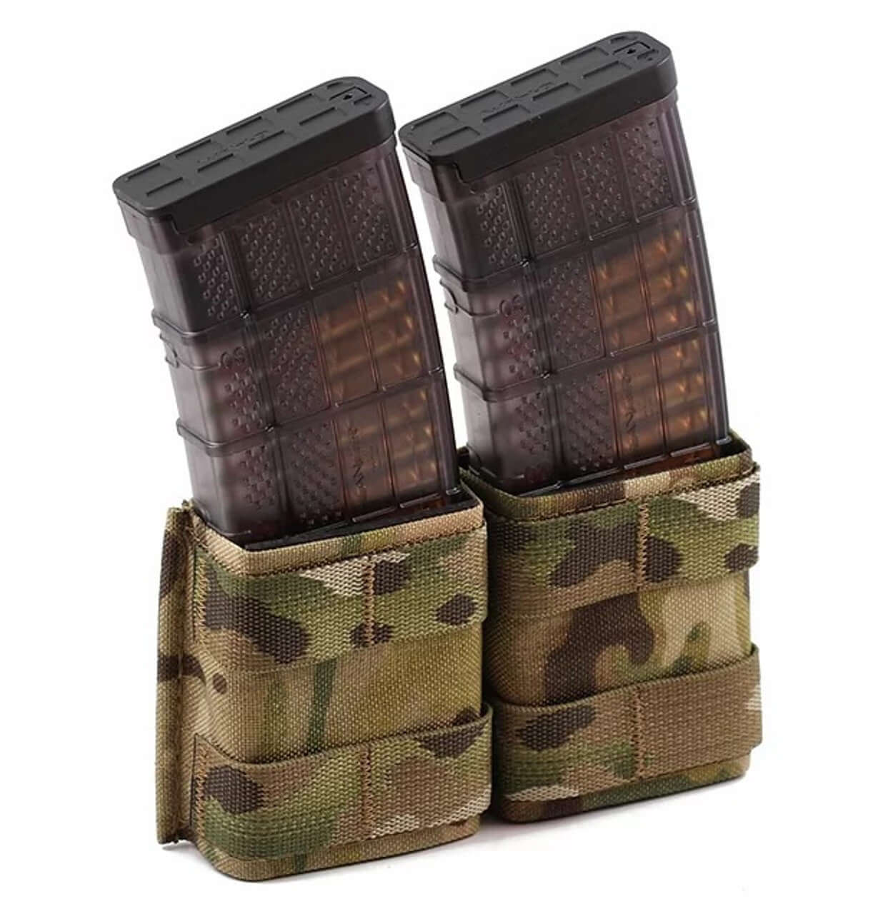 Double magazine pouch holding two 5.56 magazines in a camouflage design for tactical gear.