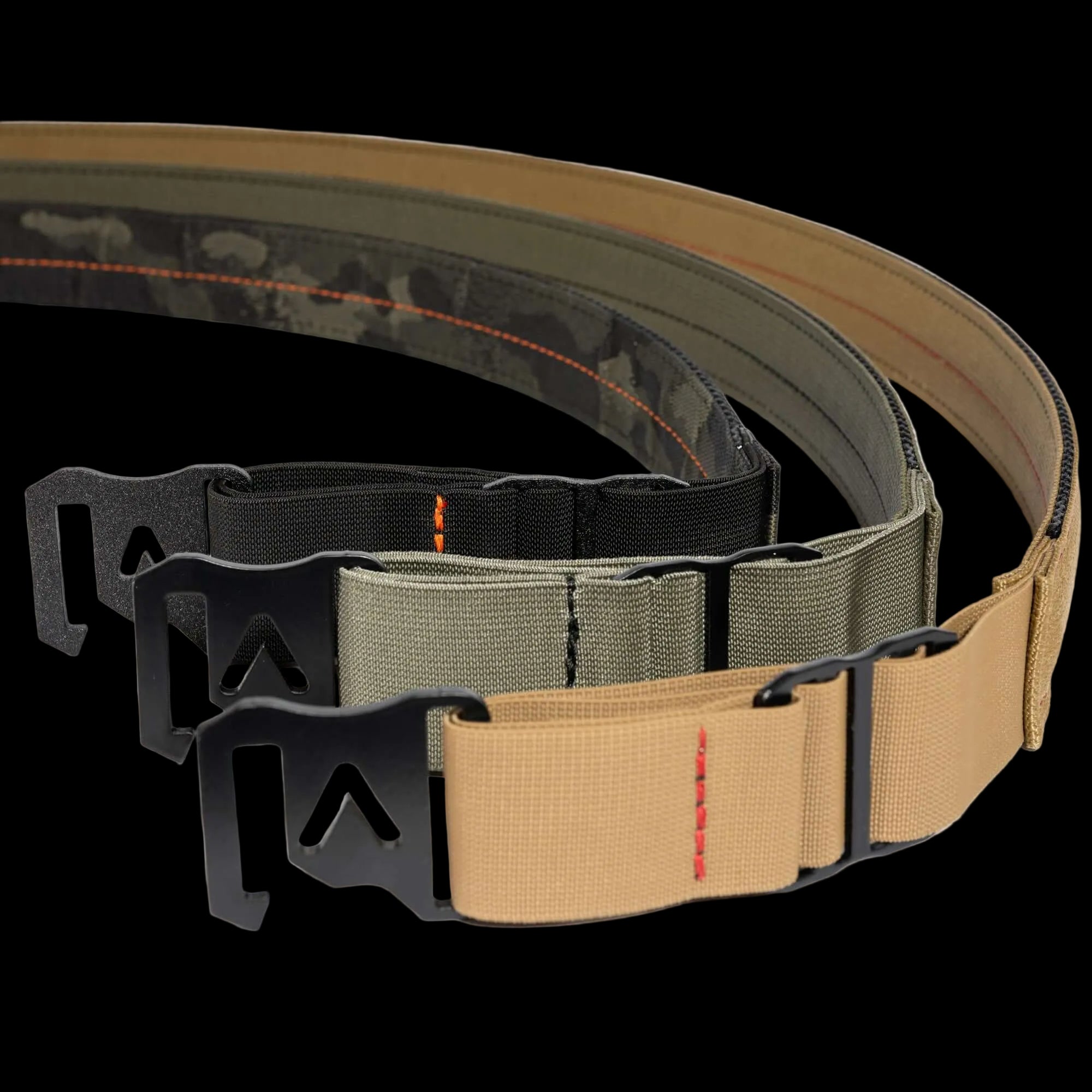 EDC Flex Carry Belt options in black, gray, and tan for everyday carry belt enthusiasts.