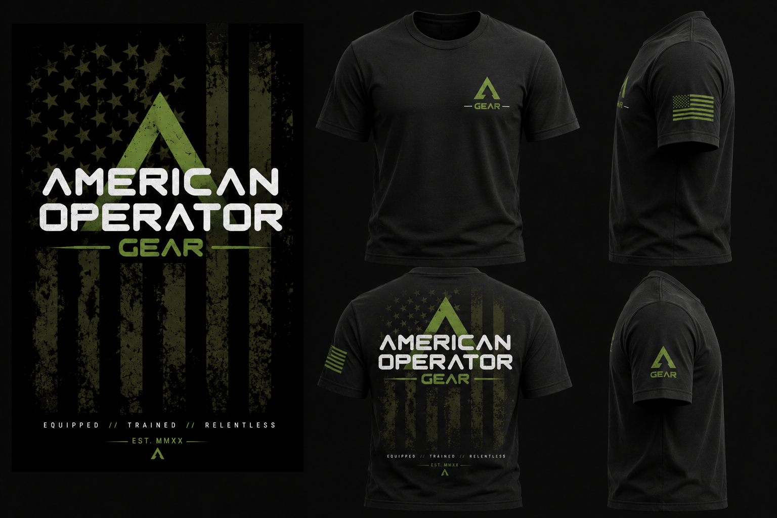 American Operator Gear Ghost Flag Edition black t-shirt featuring tactical graphics and American flag design.