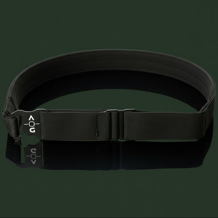 EDC flex belt with a visible brand logo on a dark green background