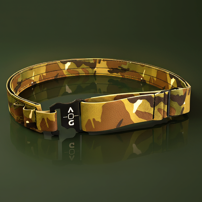 Camouflage belt with a reflective buckle on a dark green background with reflective floor